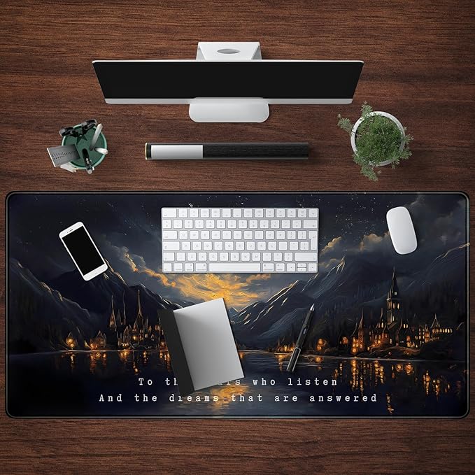 Starry Night Mountain Desk Pad Mat Moon Oil Painting XXL Black Mouse Pad for Gaming Deskpad, Aesthetic Moon and Stars Mousepad Xxl for Laptop Computer Mouse Game Keyboard Mat, 31.5 X 15.8 In
