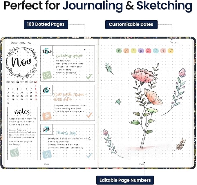 Bullet Dotted Journal Notebook for Women & Men, Hardcover Leather Journal for Writing, A5 Bullet Journaling Notebook for Work & Sketching, Perfect for Office School Home Supplies, 160 Pages, Patchwork Floral