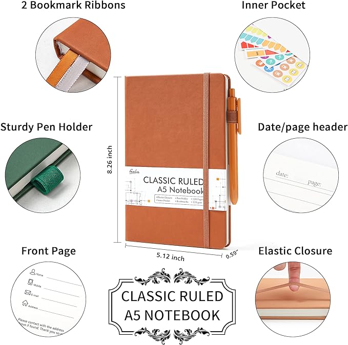 feela Hardcover Notebook For Work, Classic Ruled Lined Journal Set School Business Supplies, with 3 Black Pens, 120 GSM, 5.1”x8.3”, 3 Pack, A5, Vintage Colors