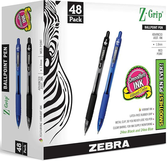 Zebra Pen Ballpoint - Bulk Pack Of 48 Z-grip Retractable Medium Point 1.0 mm, 24 Black Pens & 24 Blue Pens Combo Pack