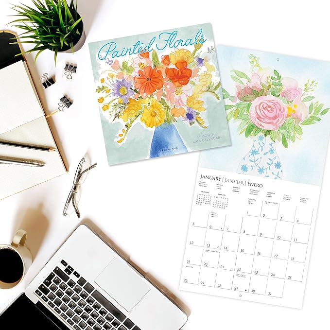 Graphique 2025 Pained Florals Wall Calendar | 12” x 12” | Thick Paper | Home & Office Organizer | Large Monthly Grid | 3 Languages & Marked Holidays | 4 Month Preview Page for 2026