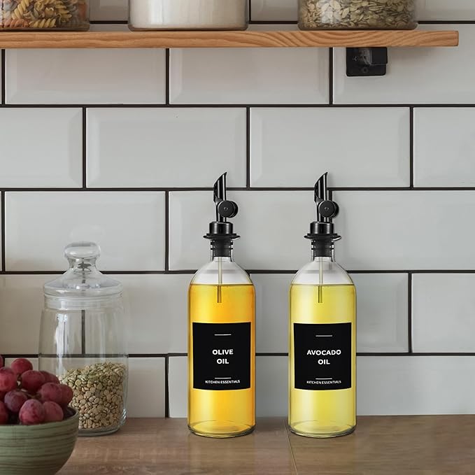 Olive Oil & Coffee Syrup Labels for Bottles - 2.5" x 2.5" Waterproof Kitchen PVC Sticker Labels for Oils, Coffee Syrups, Vinegars, Sauces, Cooking Wines, Condiments - Minimalist Black, 61pcs