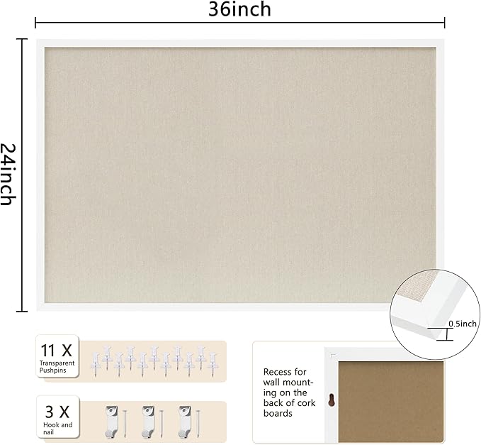 Cork Board with Linen White,Bulletin Board 36"x24" Hanging Corkboards for Office Home School Message Board or Vision Board Decoration.