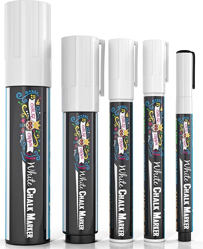 CHALKY CROWN 5pc White Chalk Markers - Non-Toxic Liquid Chalkboard Markers, White Liquid Chalk Marker for Windows, Glass - 1, 3, 6, 10, 15mm Tips