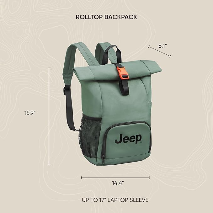 Jeep JS016D Rolltop Travel Backpack, Grey, 17" Laptop
