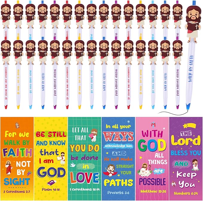 Christian Pens Sets Jesus Gifts Bulk Include Little Jesus Figures Ballpoint Pen and Bible Verse Bookmarks Bible Verse Inspirational Pens for Baptism Gift Sunday