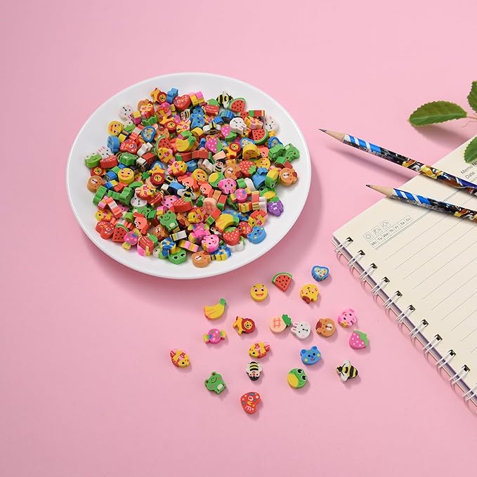400PCS Mini Fun Cute Fruit Animal Erasers for Kids Bulk,Back to School Party Gifts Valentine's Day Gifts (Fruit erasers)