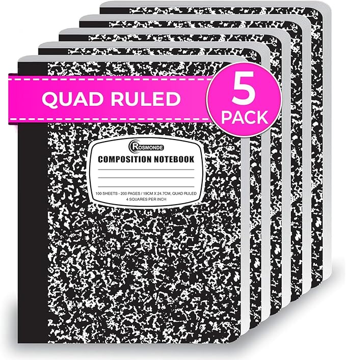 Graph Paper Composition Notebook, 5 Pack, 200 Pages (100 Sheets), Quad Ruled Composition Notebook, Graph Notebooks, 4x4 Grid Composition Notebook, Black Marble, Sewn Hard Cover, 9-3/4 x 7-1/2