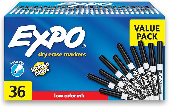 EXPO Low Odor Dry Erase Markers, Fine Tip, Black, (Pack of 6, 216 Count Total)