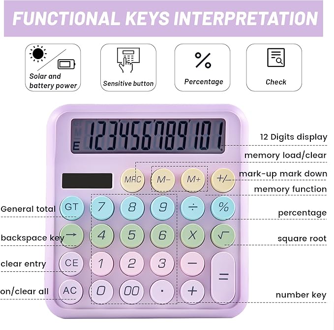 Golcellia Calculators Desktop, Purple Mechanical Calculator, Cute Calculator 12 Digit Desk Basic Calculator Large Display, Dual Power Solar Battery, Office Home School Supplies for Adults & Students