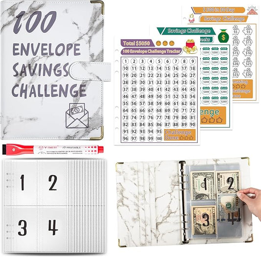 ATkits 100 Envelopes Challenge Binder Savings Challenges Book, A5 Money Saving Planner Cash Envelope Budget Binder with Erasable Pen, Easy and Fun Way to Save $5,050, 10,000 and $500 (Marble White)
