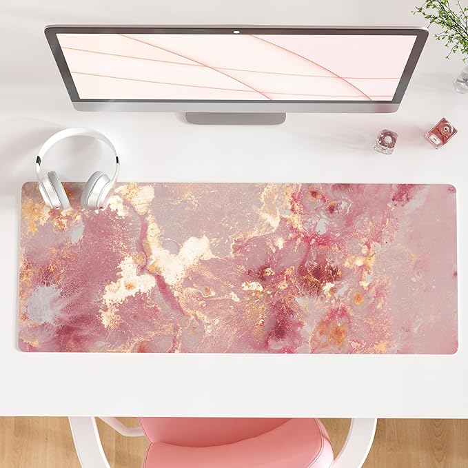 QIYI Large Mouse Pad, Cute Pink Desk Mat for Desktop, Women Girls PU Leather Waterproof Gaming, Rose Gold Marble Computer PC Laptop Protector Writing Pads for School Office Home 31.5" x 11.8"