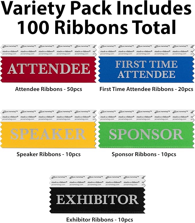 Conference Badge Ribbons with Adhesive, 3-1/2" x 1 5/8", 100pk (50 Attendee, 20 First Time, 10 Sponsor, 10 Exhibitor, 10 Speaker), Satin