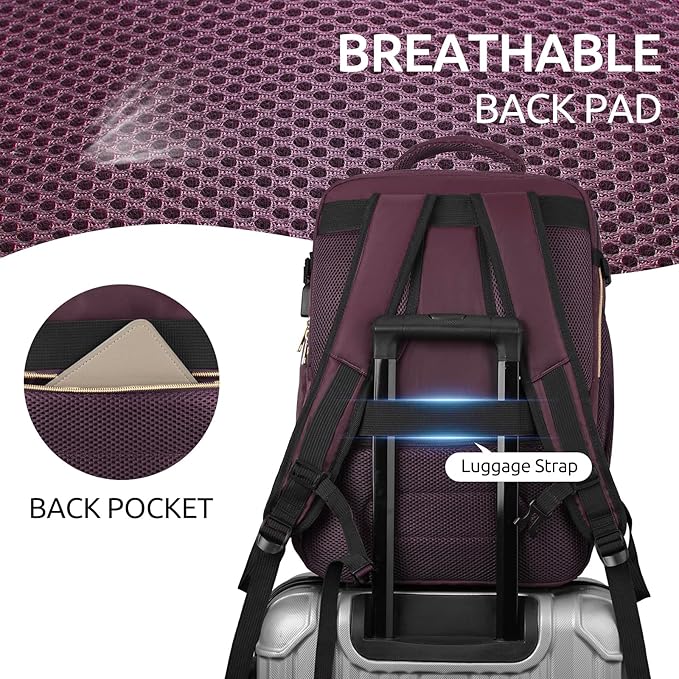 Travel Backpack for Women, Carry On Backpack for Airplanes Flight Approved, Waterproof Large Weekender Overnight Bag Fit 17 Inch Laptop with USB Charging Port, Dark Purple