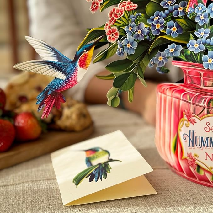 Freshcut Paper Pop Up Cards, Hummingbird Oasis, 12 Inch Life Sized Forever Flower Bouquet 3D Popup Greeting Card, Birthday Cards, Thank You Card, Blank Notecard & Envelope