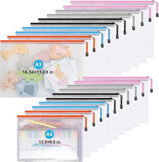 Mesh Zipper Pouch Bags,Zipper Pouches,Mesh Zipper Bags for Organizing,Storage Bags for Office Supplies,Puzzle & Board Game Storage. (A3(10 Pcs)+A4(10 Pcs))