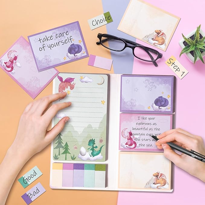 B1ykin Sticky Notes Set - Cartoon Theme Cute Self-Stick Notes Pad Teacher Appreciation Gifts， Self-Adhesive Writing Memo Pages Sticky to Do Notepad for Kids Employee School Office (Watercolor Dragon)