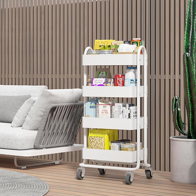 4-Tier White Rolling Cart,Metal Utility Rolling Cart with Handle,Steel Multifunction Rolling Carts with Wheels,Kitchen Storage Carts Suitable for Office,Home,Kitchen,Garden(13.4"x18.1"x40") White