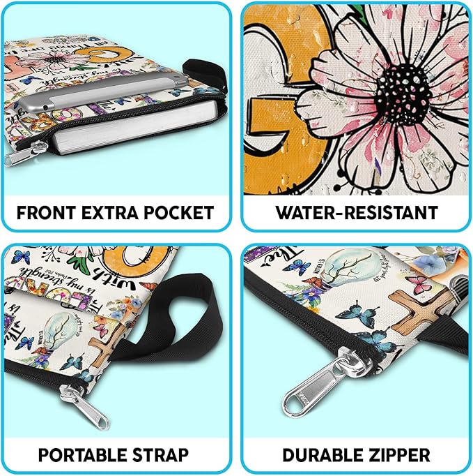 84hoods Book Cover Bag with Zipper and Front Pocket. Bible Book Sleeve. Christian Faith God Religious Gift. Washable Fabric 11 X 8.5 Inch. All Things are Possible