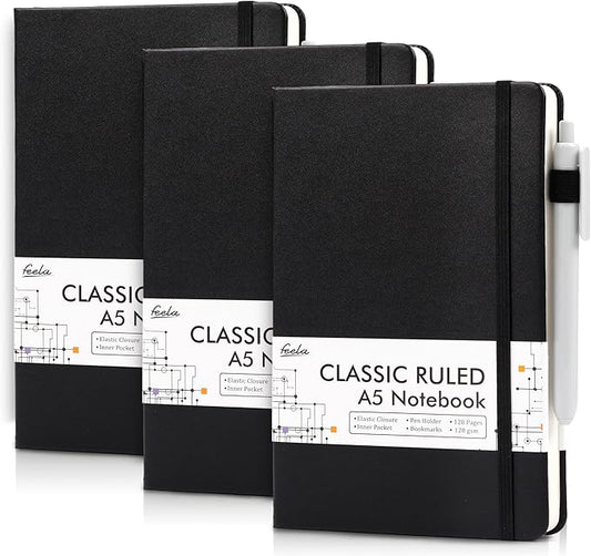 feela 3 Pack Notebooks Journals Bulk with 3 Black Pens, A5 Hardcover Notebook Classic Ruled Lined Journal Set with Pen Holder for Work Business Journaling Note Taking, 120 GSM, 5.1”x8.3”, Black