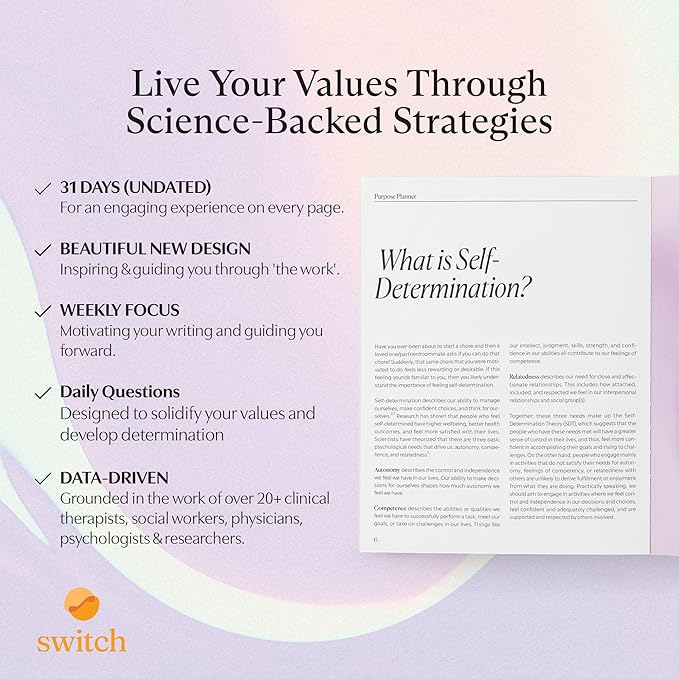Switch Research Purpose Planner "Self-Determination": Psychologist-Backed Goal Planner for Developing a Life of Purpose - 31-Day Undated Productivity Planner - Guided Prompts, Techniques, and Insights