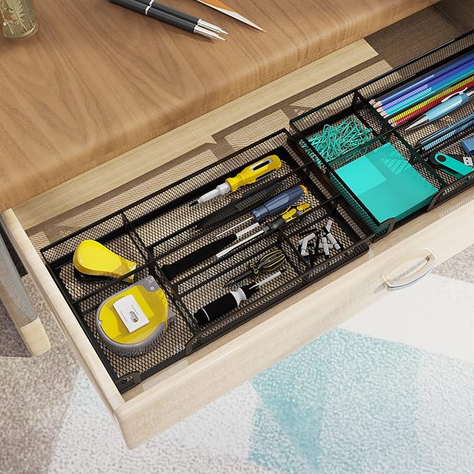 Desk Drawer Organizer, Metal Mesh Dividers Organizer (Blak-2P, Small)