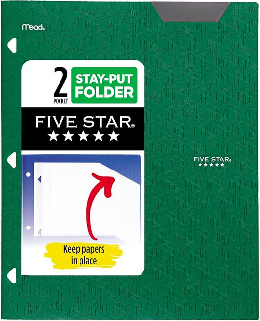Five Star 2-Pocket Folder, Plastic Folder with Stay-Put Tabs, Fits 3 Ring Binder, Holds 8-1/2" x 11" Paper, Green (333420E-ECM)