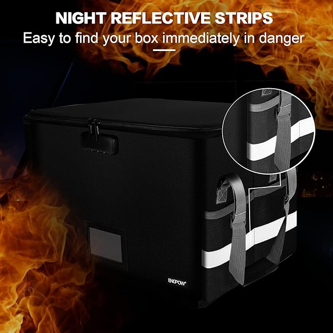 ENGPOW File Box with Lock,Fireproof Document Box with Zipper＆Pockets,Collapsible File Organizer Filing Storage Cabinet with Handle,Portable Home Office Safe for Hanging Letter/Legal Folder,Black