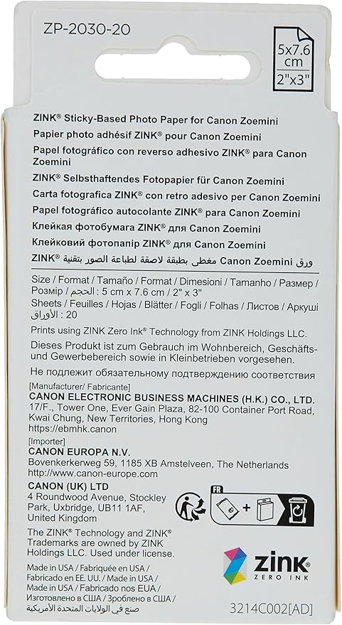 Canon Zink Photo Paper Pack, 20 sheets, White, 2" X 3". (3214C001) (Pack of 2)