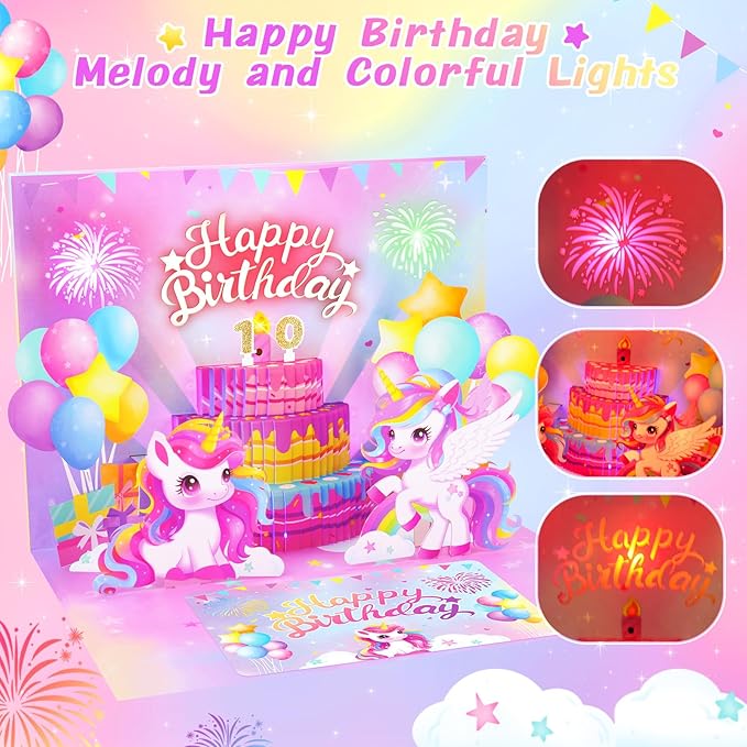 Pop Up Birthday Card with Light & Music, Unicorn 3D Birthday Card, Fireworks Greeting Card for Women Kids Girls Daughter, 3D Cake Greeting Crad with Necklace