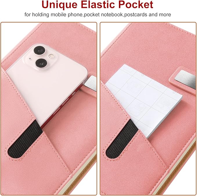 A5 Lined Leather Journal with Pen, 240 Pages Refillable Hardcover Notebook with Pocket and Magnetic Buckle, 80gsm Thick Daily Diary for Men and Women, Great Gift for Business Travel Personal - Pink