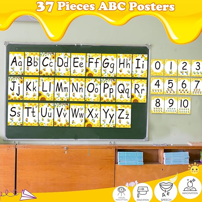Alphabet Letters for Wall - Bee Themed ABC Poster Classroom Wall Alphabet Preschool English Poster Kindergarten Elementary Classroom Wall Decor Nursery Home School Supplies