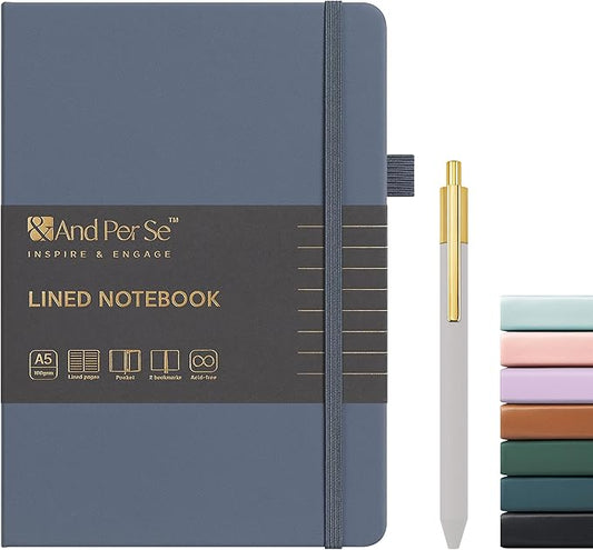 A5 Lined Journal and Pen Set, Hardcover Notebook with Pen, 160 Pages 100gsm Thick Ruled Paper for for Women Men Work Business School or Home Writing, 5.7'' x 8'' (Dark Blue)