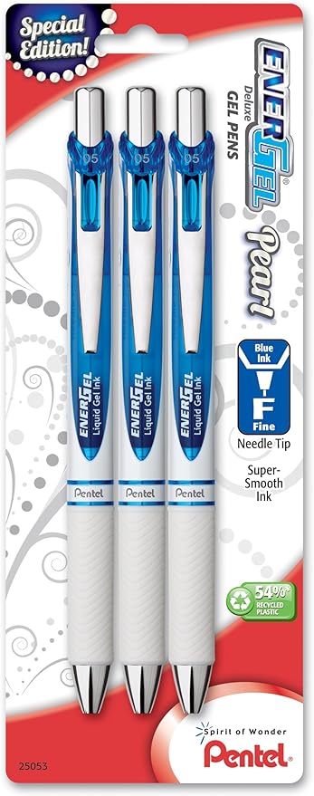 Pentel EnerGel Pearl Deluxe RTX Liquid Gel Pen, 0.5mm, Fine Line, Needle Tip, Blue Accent, Blue Ink, 3 Pack (BLN75WBP3C)