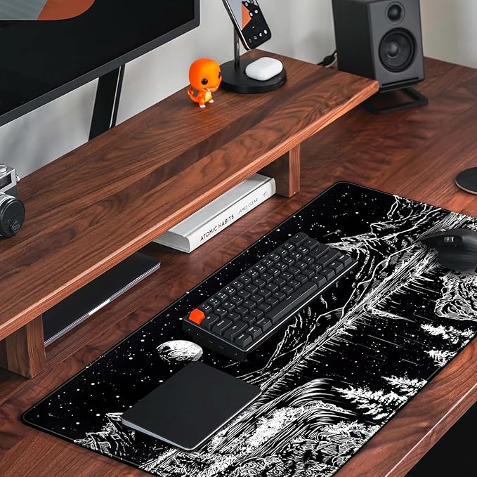 Black and White Desk Mat Dark Nature Forest Mouse pad XXL Starry Night Mountain Desk pad Aesthetic Moon and Stars Mousepad XXL for Laptop Computer Mouse Gaming Keyboard Mat, 31.5 X 15.8 in