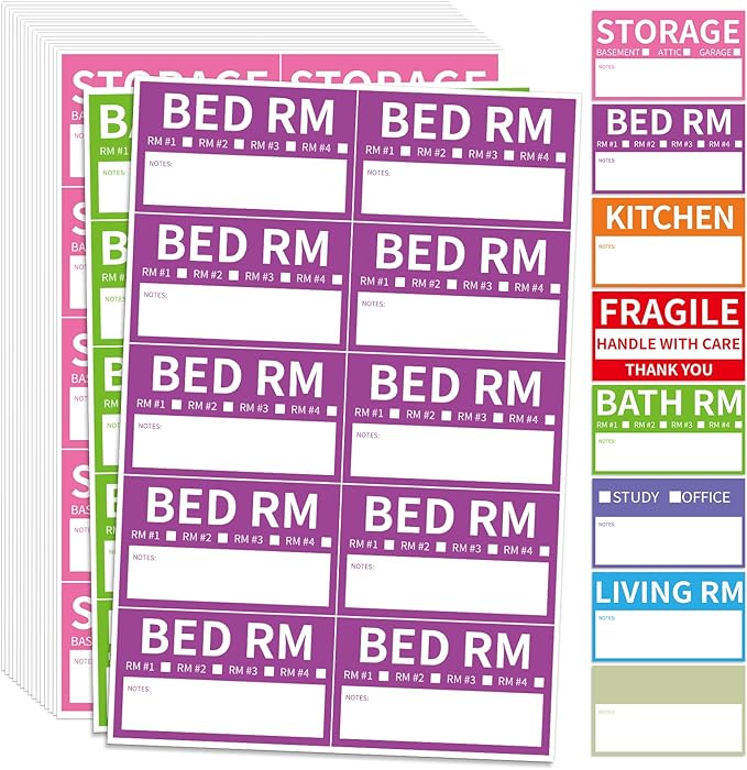 510 Home Moving Labels, 3.4 x 2 inches, 8-Color Coded Packing Box Stickers with Fragile and Blank Customizable Labels