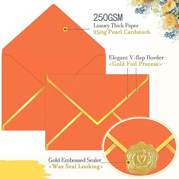 60 Pack Gold Envelopes 5x7 Orange, 250G Pearled Cardstock A7 Envelopes for Invitations Business Mailing Envelope with Gold Foil Border, A6 4x6 Envelopes for Wedding Baby Shower Cards