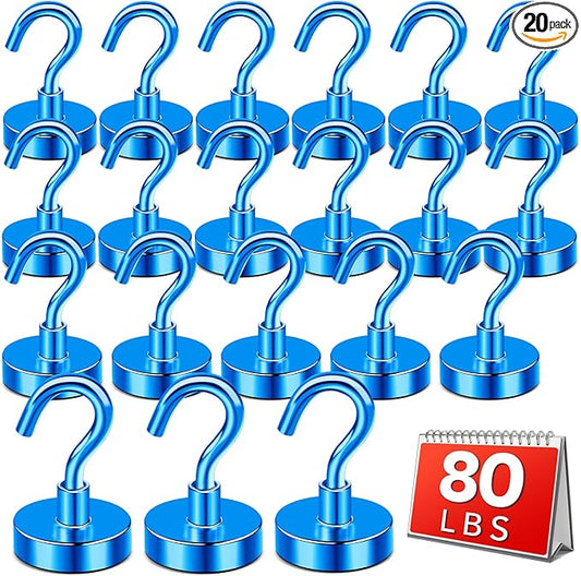 DIYMAG Blue Magnetic Hooks, 80 LB Heavy Duty Strong Magnets with Hooks, Strong Rare Earth Neodymium Magnet Magnetic Hooks for Cruise Cabins Cruise Ship Essentials 20 Packs