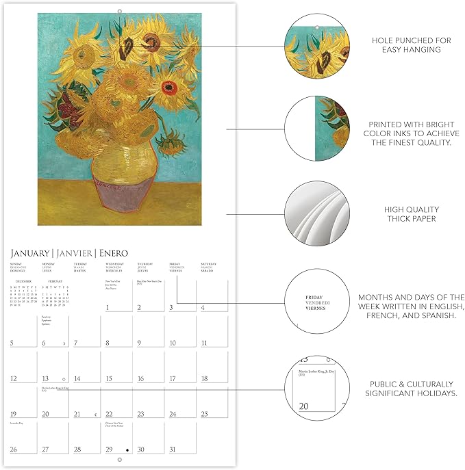 Graphique 2025 van Gogh Wall Calendar | 12” x 12” | Thick Paper | Home & Office Organizer | Large Monthly Grid | 3 Languages & Marked Holidays | 4 Month Preview Page for 2026