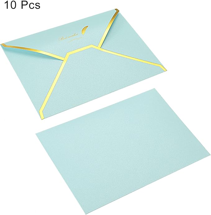 PATIKIL V Flap Envelopes, 10 Pack 7 x 5'' Luxury Style Gold Border Greeting Card Envelope for Invitations Weddings, Sky Blue