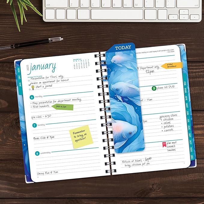 HARDCOVER 2025 Planner, 5.5"x8": 14 Months (November 2024 - December 2025), Daily Weekly Monthly Planner, Yearly Agenda, Bookmark, Pocket Folder and Sticky Note Set (Blue Koi)