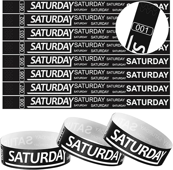 Henoyso 600 Pcs Saturday Paper Wristbands Event Wristbands Paper Bracelets Wristbands Numbered Waterproof Party Wristbands for Events Day of The Week(Black)