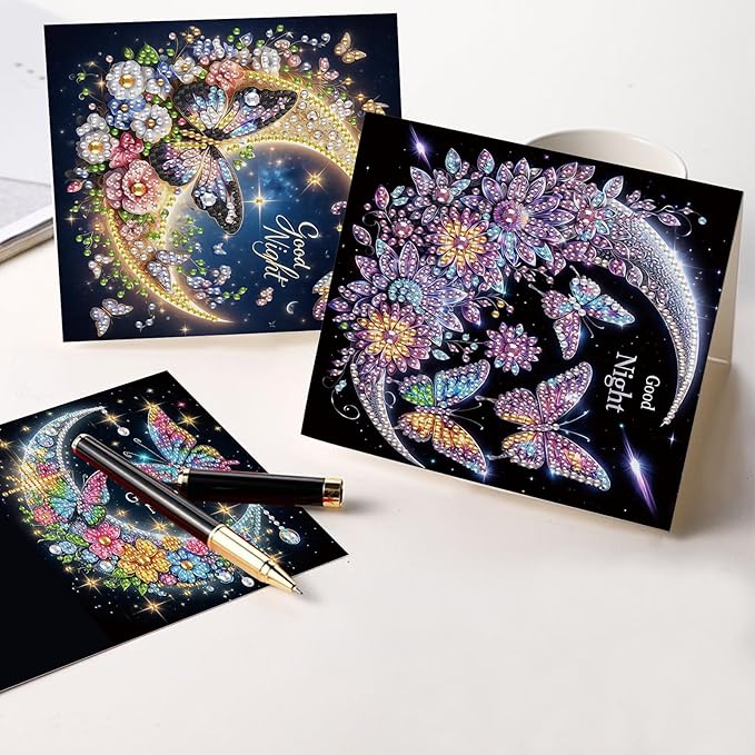 6 Pcs 5D Rhinestone Painting Greeting Cards Kits, Handmade Festival Greeting Cards with Envelopes Holographic Shimmer Design DIY Diamond Art Crafts Birthday Cards for Adults (Butterfly Moon)