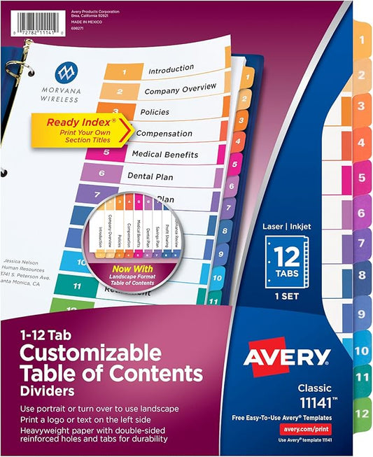Avery 12 Tab Dividers for 3 Ring Binders, Customizable Table of Contents, Multicolor Tabs, 1 Set (11141)