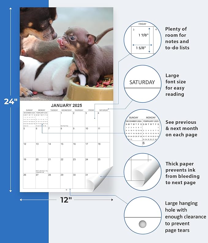 2025 Chihuahua Monthly Wall Calendar | 12" x 24" | 2024-2025 Chihuaha Dog Calendar