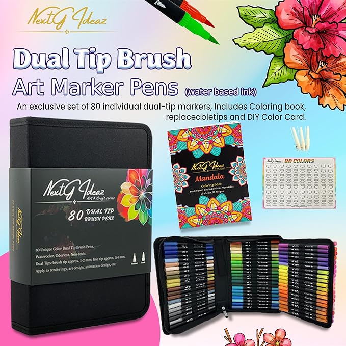Dual Tip Brush Art Marker Pens, 80 Unique Bright Color, Water-Based Ink, Fineliner & Brush Tip Pens for Arts Lovers Coloring Drawing Book, Calligraphy Writing, Sketching and Doodling