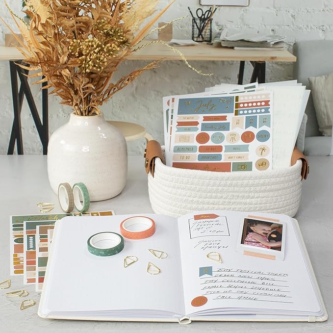 ZICOTO Ultimate All-in-One Journaling Kit - Incl. Journal Notebook With Linen Hardcover and Dotted Pages, Stencils, Stickers, Washi Tapes, Paper Clips and More Bullet Checklist Supplies