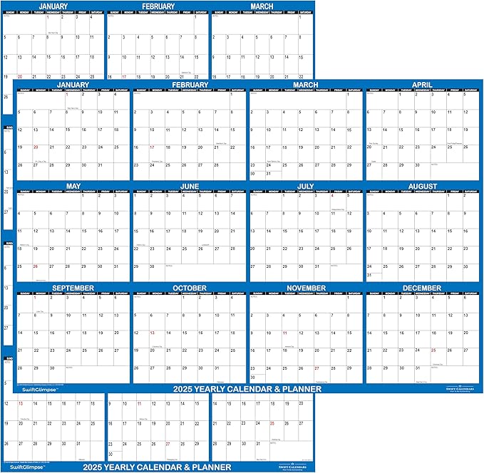 24" x 36" SwiftGlimpse 2025 Wall Calendar Erasable Large Wet & Dry Erase Laminated 12 Month Annual Yearly Wall Planner, Reversible, Horizontal/Vertical, Navy