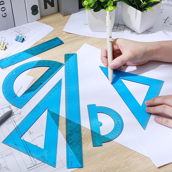 Tenare 6 Pcs Plastic Ruler Math Set Includes 12 Inch 6 Inch Straight Ruler Protractor Triangle Rulers Geometry Transparent Math Ruler Measuring Tools for School Office Home(Blue)