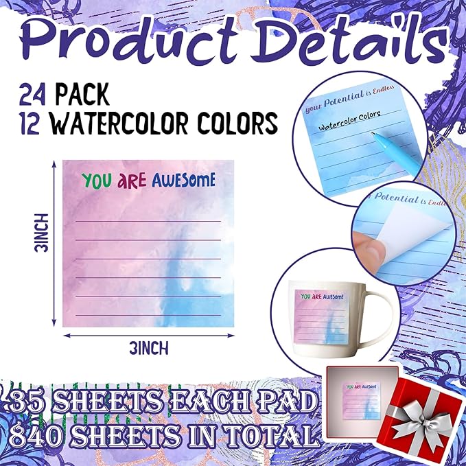 Yinder 24 Pcs Inspirational Sticky Notes with Lines Cute Motivational Sticky Notes Pad Employee Appreciation Gifts Bulk for Teacher Nurse Coworkers Office Supplies 3 x 3''(Watercolor,Appreciation)